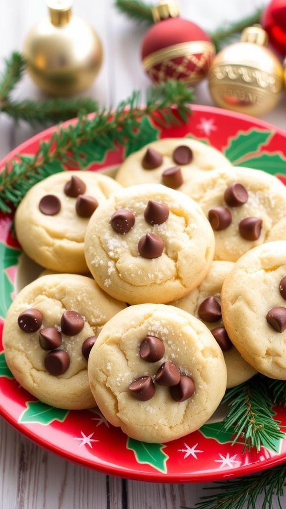 A plate of keto Christmas cookies decorated with chocolate chips, set against a festive holiday backdrop.